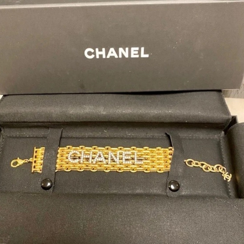 Chanel Gold Wrap Chain Bracelet w Chanel Letters in Crystals Bracelet